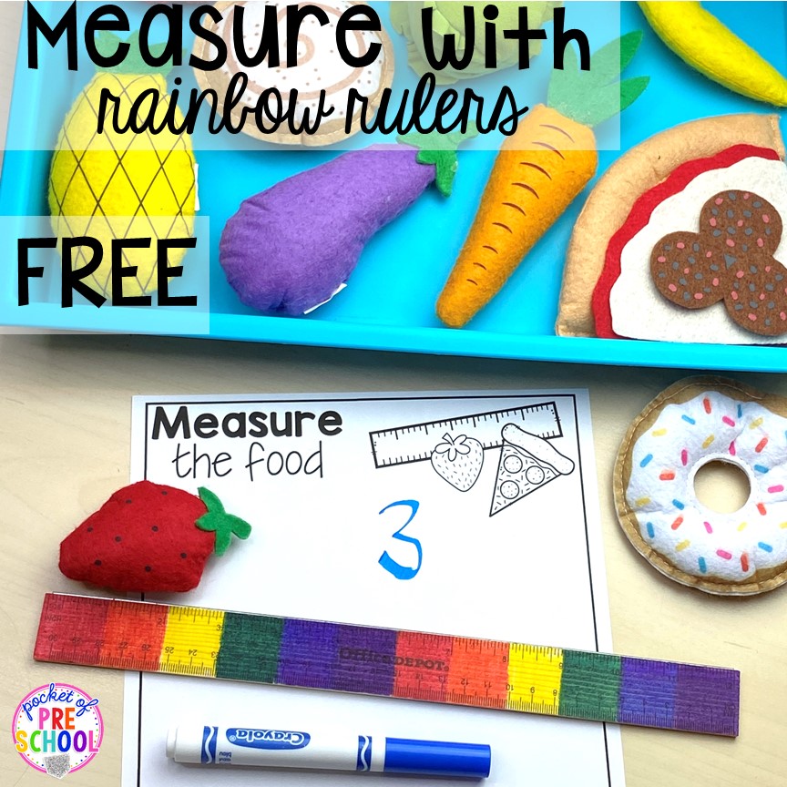 Measuring fruit with rainbow rulers for preschool, pre-k, and kindergarten students. 