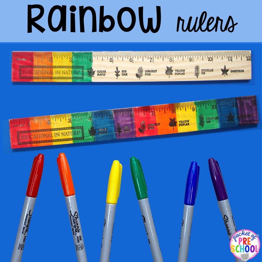 Creating rainbow rulers for your preschool, pre-k, and kindergarten students to practice non-standard measurement. 