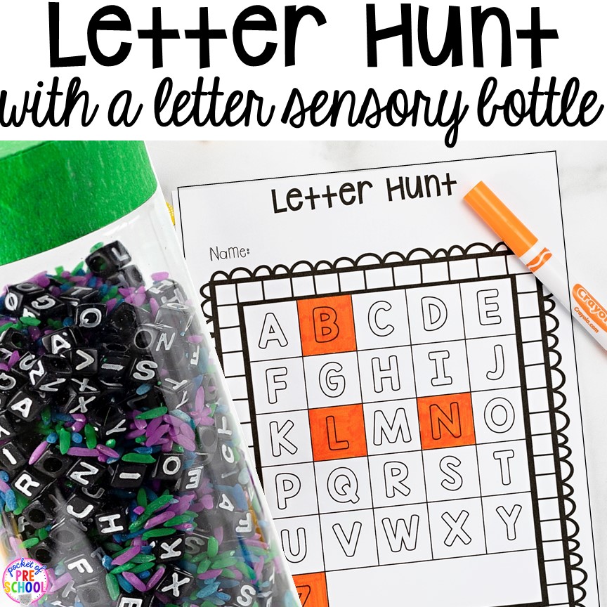 Letter Sensory Bottles and a FREE letter hunt printable to make learning letters FUN for preschool, pre-k, and kindergarten.