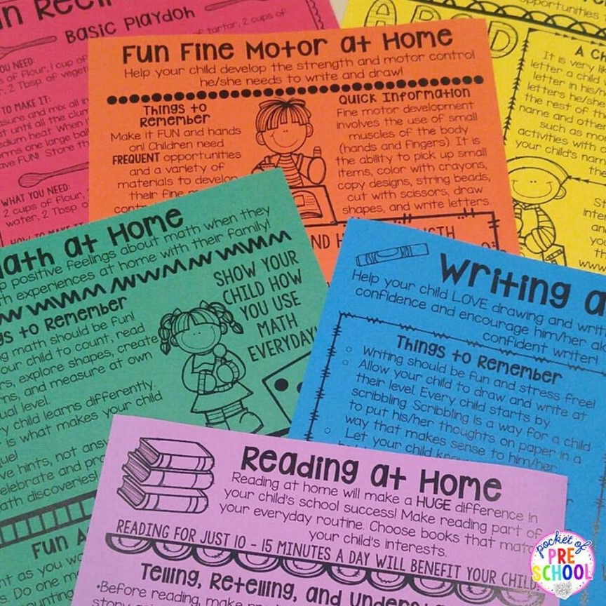 Parent handouts! Fun easy learning at home activities families can do with their child. Perfect for parent teacher conferences or throughout the year. For preschool, pre-k, and kindergarten.