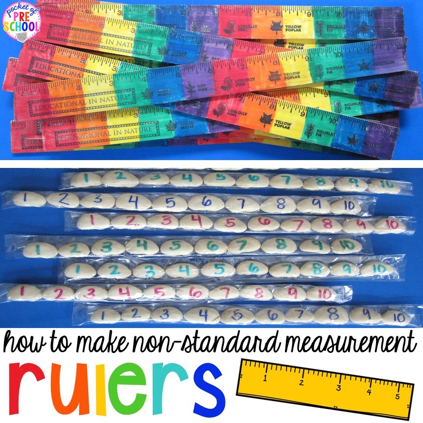 How to make rainbow and bean rulers for preschool, pre-k, and kindergarten students to practice non-standard measurement.