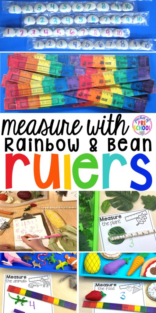 Practice non-standard measurement with rainbow & bean rulers for preschool, pre-k, and kindergarten students.