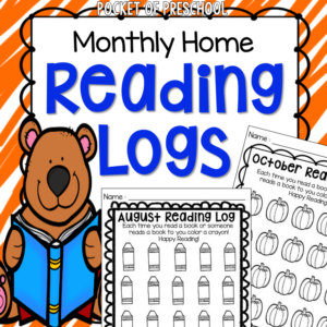 Monthly reading logs designed for preschool, pre-k, and kindergarten students to read at home.