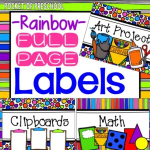 Large rainbow themed labels for all the large things liek crates and tubs in the classroom. Colorful classroom decor kiddos love! #preschool #prek #classroomdecor