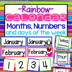 Rainbow calendar numbers, months, and days of the week designed for a preschool, pre-k, and kindergarten room.