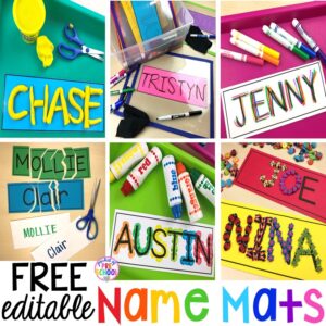 FREE Editable Name Mats perfect to use all over the classroom to help preschool, pre-k, and kindergarten kiddos learn their names. #names #preschool #learnnames #pre-k #namecards