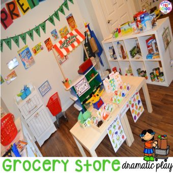 Grocery Store dramatic play! Add literacy and math opportunities in your preschool, pre-k, and kindergarten classroom.
