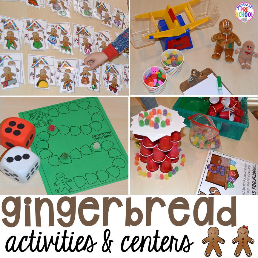Gingerbread activities and centers for preschool, pre-k, and kindergarten (STEM, math, writing, letters, fine motor, and art) 
