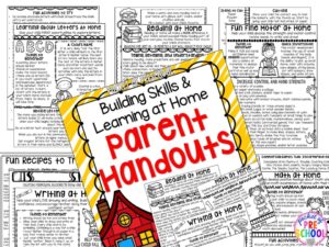 Parent handouts for ideas for learning at home and creating a home-school connection in your preschool, pre-k, and kindergarten room.