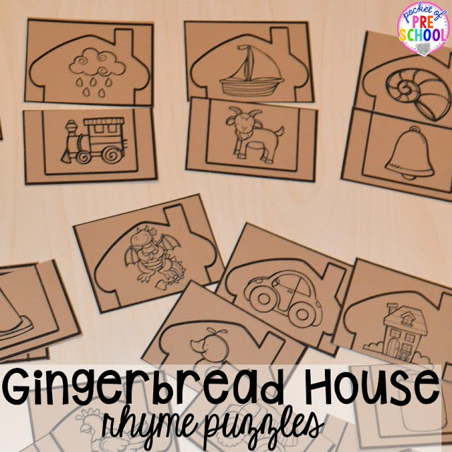 Gingebread rhyme puzzles! Gingerbread activities and centers for preschool, pre-k, and kindergarten (STEM, math, writing, letters, fine motor, and art) 