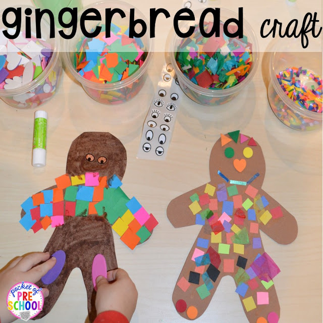 Gingebread craft for the art center. Gingerbread activities and centers for preschool, pre-k, and kindergarten (STEM, math, writing, letters, fine motor, and art) 