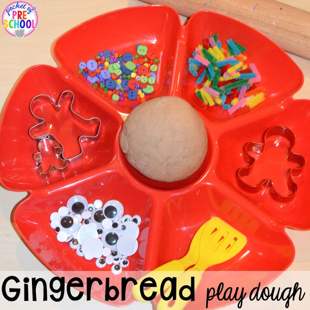 Gingebread play dough tray. Gingerbread activities and centers for preschool, pre-k, and kindergarten (STEM, math, writing, letters, fine motor, and art) 