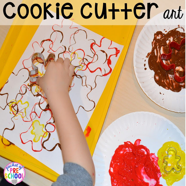 Gingebread cookie cutter process art project! Gingerbread activities and centers for preschool, pre-k, and kindergarten (STEM, math, writing, letters, fine motor, and art) 
