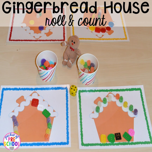 Gingerbread house roll & count! Gingerbread activities and centers for preschool, pre-k, and kindergarten (STEM, math, writing, letters, fine motor, and art) 