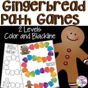 Path games with a gingerbread theme for game play in a preschool, pre-k, and kindergarten setting
