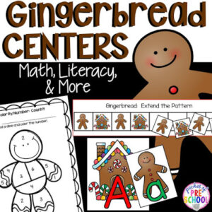 Math and literacy centers with a gingerbread theme for your preschool, pre-k, and kindergarten students