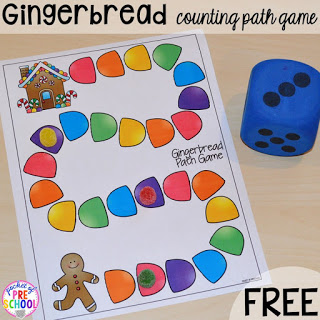 Gingerbread FREE path game! Gingerbread activities and centers for preschool, pre-k, and kindergarten (STEM, math, writing, letters, fine motor, and art) 