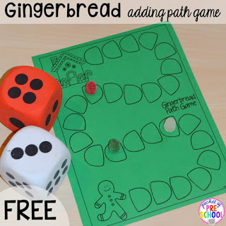 FREE gingebread path game! Gingerbread activities and centers for preschool, pre-k, and kindergarten (STEM, math, writing, letters, fine motor, and art) 
