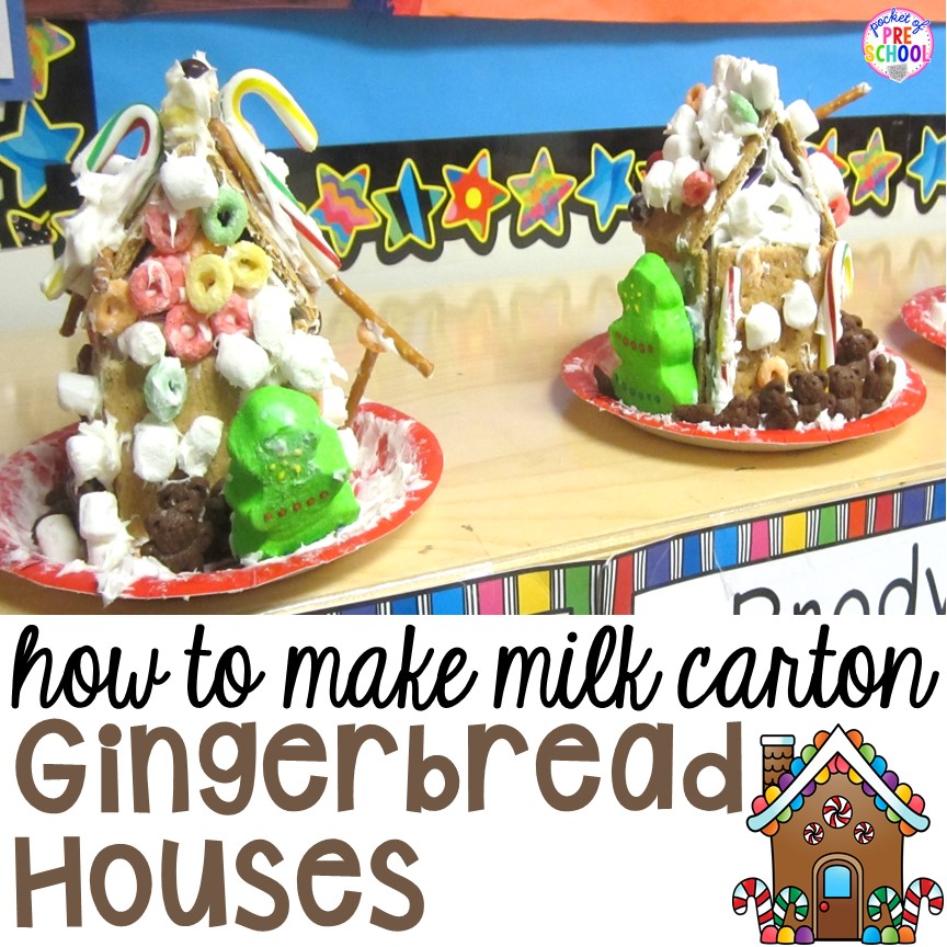 How to make milk carton gingerbread houses in the classroom. Perfect for a gingerbread theme in a preschool, pre-k, and kindergarten classroom.