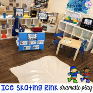 How to make an Ice Skating Rink Dramatic Play for Preschool, Pre-K, & Kindergarten classrooms. Perfect for a winter, polar bear, ice, penguin, or arctic theme. #dramaticplay #pretendplay #wintertheme #prek #preschool