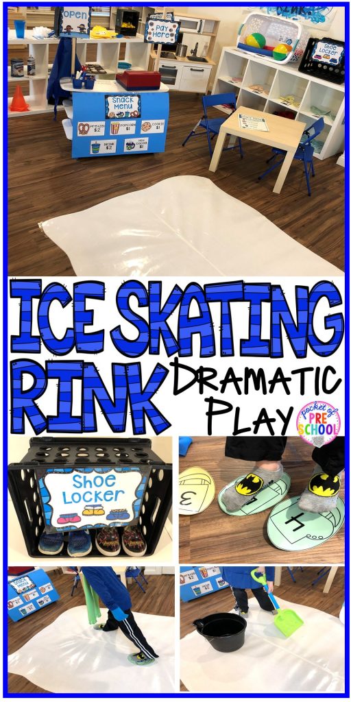 How to make an Ice Skating Rink Dramatic Play for Preschool, Pre-K, & Kindergarten classrooms. Perfect for a winter, polar bear, ice, penguin, or arctic theme. #dramaticplay #pretendplay #wintertheme #prek #preschool