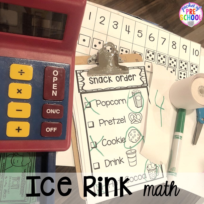 Tons of counting activities during play at the Ice Rink! How to make an Ice Skating Rink Dramatic Play for Preschool, Pre-K, & Kindergarten classrooms. Perfect for a winter, polar bear, ice, penguin, or arctic theme. #dramaticplay #pretendplay #wintertheme #prek #preschool