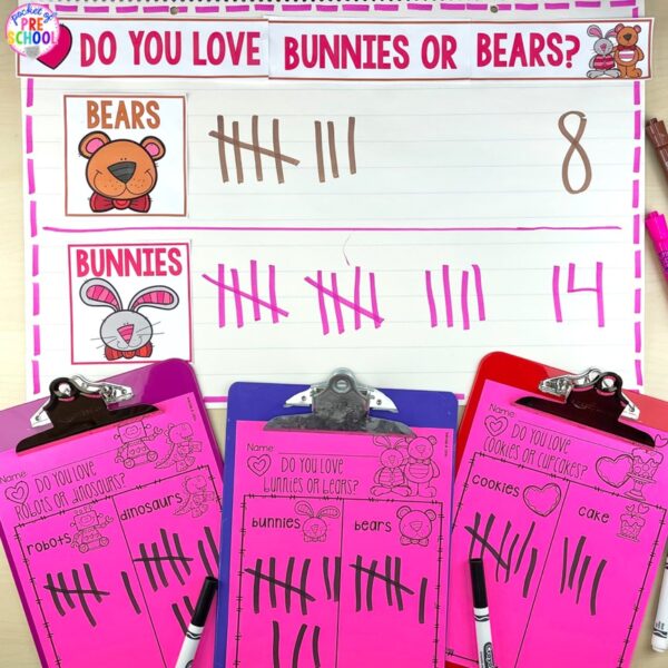 Have a Valentine's theme in your preschool, pre-k, or kindergarten classroom while learning math and literacy skills.