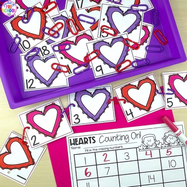 Have a Valentine's theme in your preschool, pre-k, or kindergarten classroom while learning math and literacy skills.