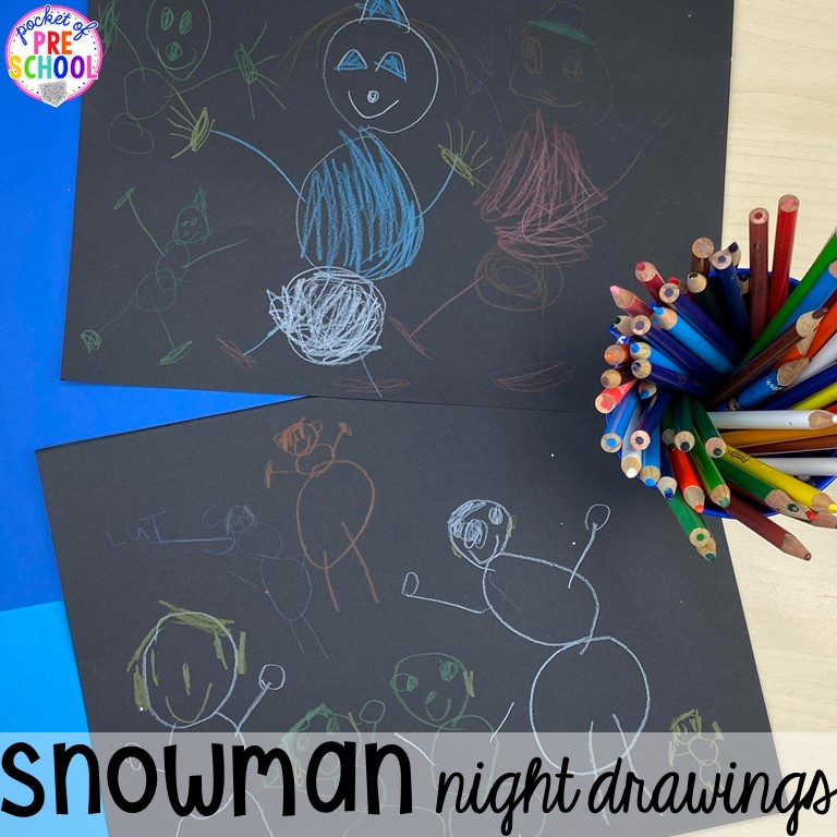 Snowman at Night drawings are a fun book extension or book buddy activity for preschool, pre-k, or kindergarten.
