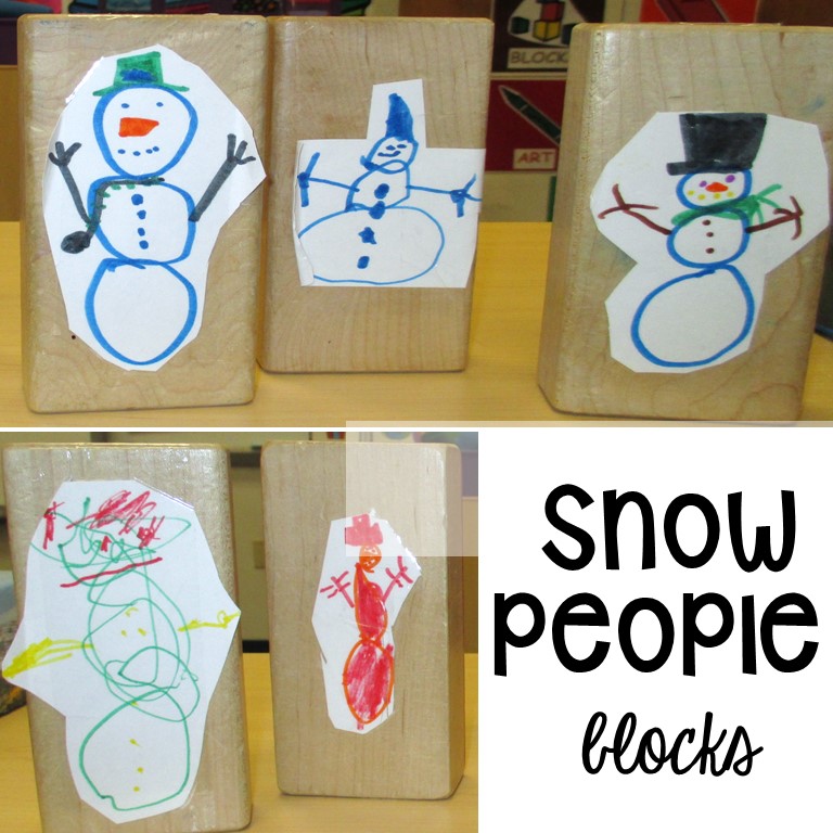 Snowman at Night snow people kid made blocks is a fun book extension or book buddy activity for preschool, pre-k, or kindergarten.