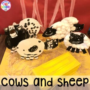 Child made cows, sheepn and hay. Tips, tricks, and ideas to change your dramatic play center into a FARM! Perfect for preschool, pre-k, and kindergarten classrooms.