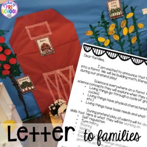 Letter to families to introduce a farm theme. Tips, tricks, and ideas to change your dramatic play center into a FARM! Perfect for preschool, pre-k, and kindergarten classrooms. #farmtheme #dramaticplay #pretend