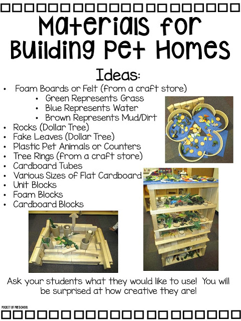 Blocks Center: Pet Home STEM challenge posters (FREEBIE) for preschool, pre-k, kindergarten, and first. Fun for a pet theme.