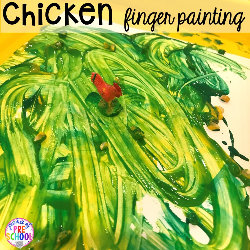 Chicken finger painting plus tons of farm themed art, sensory, and fine motor activities for preschool & pre-k. #farmtheme #preschool #pre-k #pocketofpreschool