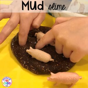 Mud slime plus tons of farm themed art, sensory, and fine motor activities for preschool & pre-k. #farmtheme #preschool #pre-k #pocketofpreschool