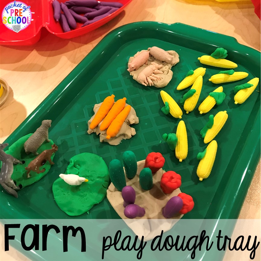 Farm play dough tray plus tons of farm themed art, sensory, and fine motor activities for preschool & pre-k. #farmtheme #preschool #pre-k #pocketofpreschool