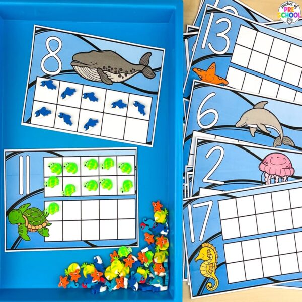 Have an ocean theme in your preschool, pre-k, or kindergarten classroom while learning math and literacy skills.