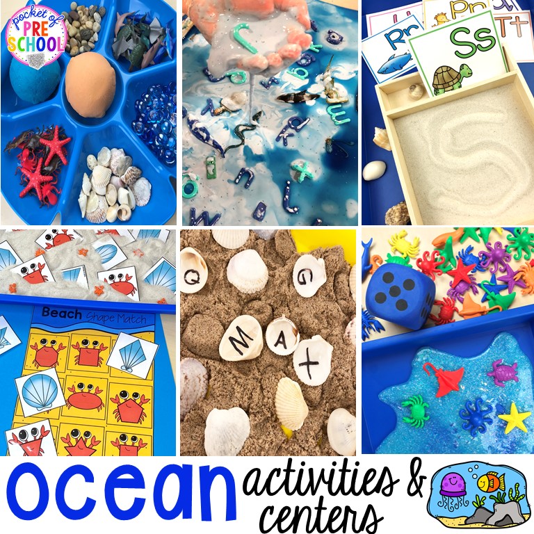 Ocean theme activities and centers for preschool, pre-k, and kindergarten (math, liteacy, sensory, fine motor, STEM). #oceantheme #preschool #prek #beachtheme