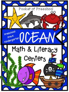 Math and Literacy centers with an ocean theme made for preschool, pre-k, and kindergarten students