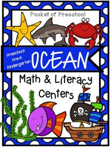 Math and literacy centers with an ocean theme for preschool, pre-k, and kindergarten students