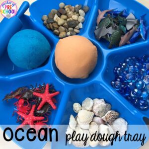 Ocean playdough tray! Ocean theme activities and centers for preschool, pre-k, and kindergarten (math, liteacy, sensory, fine motor, STEM). #oceantheme #preschool #prek #beachtheme