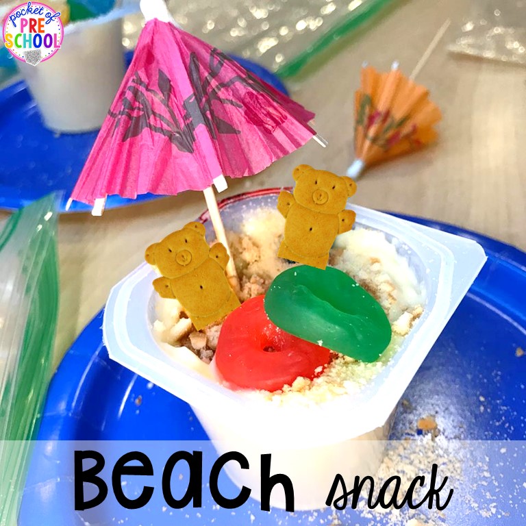 Beach snack! Ocean theme activities and centers for preschool, pre-k, and kindergarten (math, liteacy, sensory, fine motor, STEM). #oceantheme #preschool #prek #beachtheme