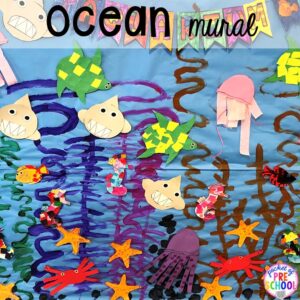 Ocean mural and ocean crafts! Ocean theme activities and centers for preschool, pre-k, and kindergarten (math, liteacy, sensory, fine motor, STEM). #oceantheme #preschool #prek #beachtheme