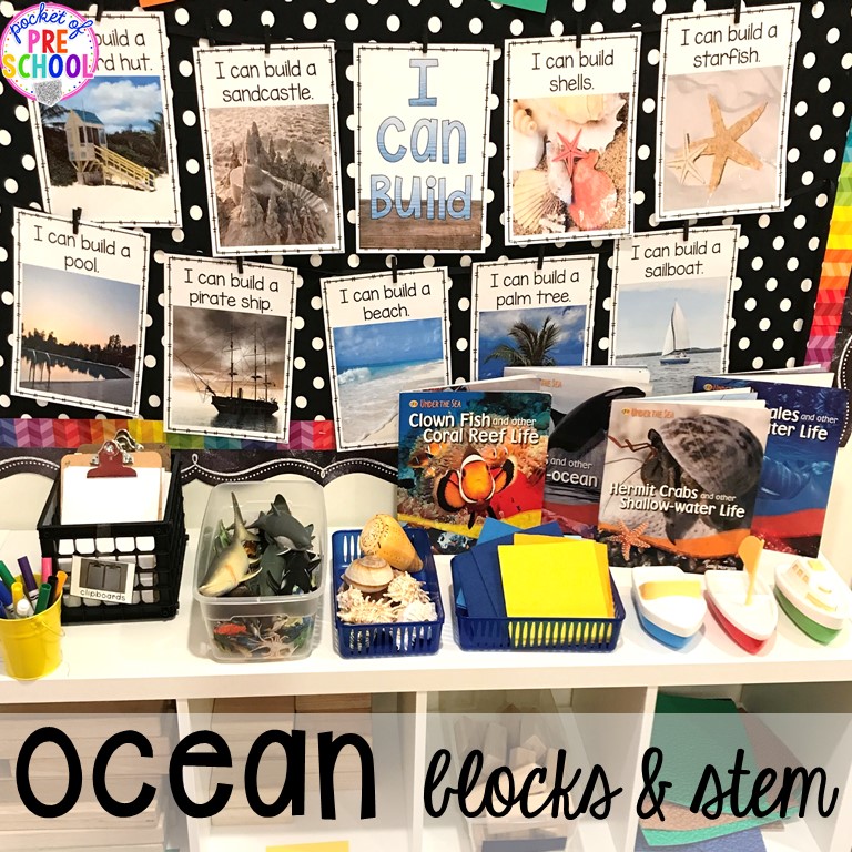 Ocean ideas and props for the blocks and STEM center! Ocean theme activities and centers for preschool, pre-k, and kindergarten (math, liteacy, sensory, fine motor, STEM). #oceantheme #preschool #prek #beachtheme