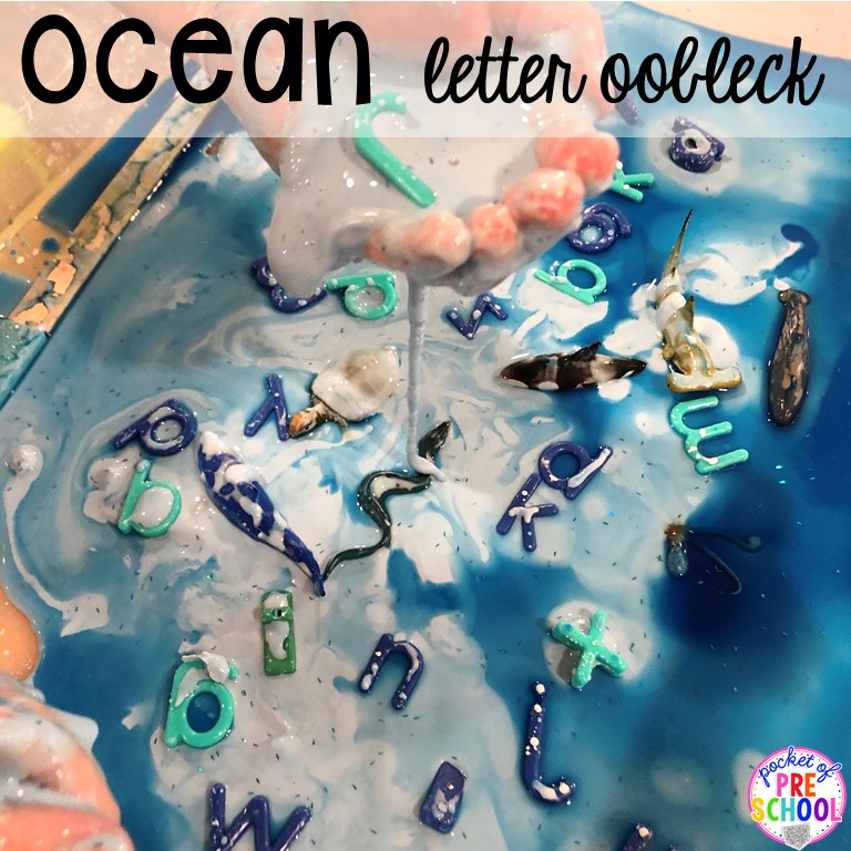 Ocean oobleck! Ocean theme activities and centers for preschool, pre-k, and kindergarten (math, liteacy, sensory, fine motor, STEM). #oceantheme #preschool #prek #beachtheme