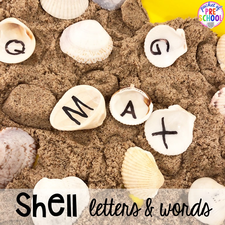 Shell letters, words, and names! Ocean theme activities and centers for preschool, pre-k, and kindergarten (math, liteacy, sensory, fine motor, STEM). #oceantheme #preschool #prek #beachtheme