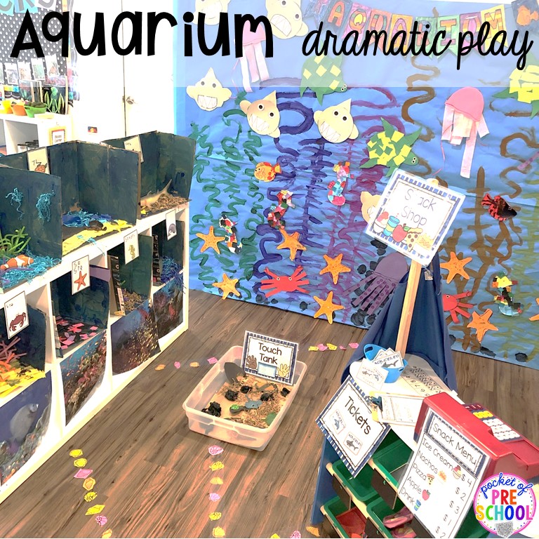 Change dramtic play into an Aquarium for an ocean theme in your preschool, pre-k, or kindergarten classroom.