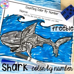FREE shark color by number (addition option too)! Ocean theme activities and centers for preschool, pre-k, and kindergarten (math, liteacy, sensory, fine motor, STEM). #oceantheme #preschool #prek #beachtheme