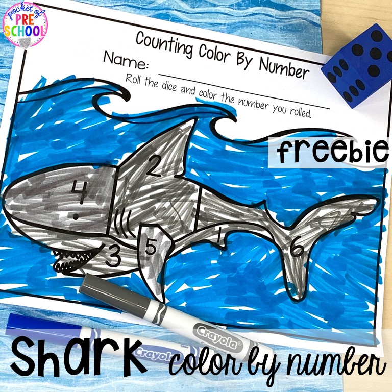 FREE shark color by number (addition option too)! Ocean theme activities and centers for preschool, pre-k, and kindergarten (math, liteacy, sensory, fine motor, STEM). #oceantheme #preschool #prek #beachtheme