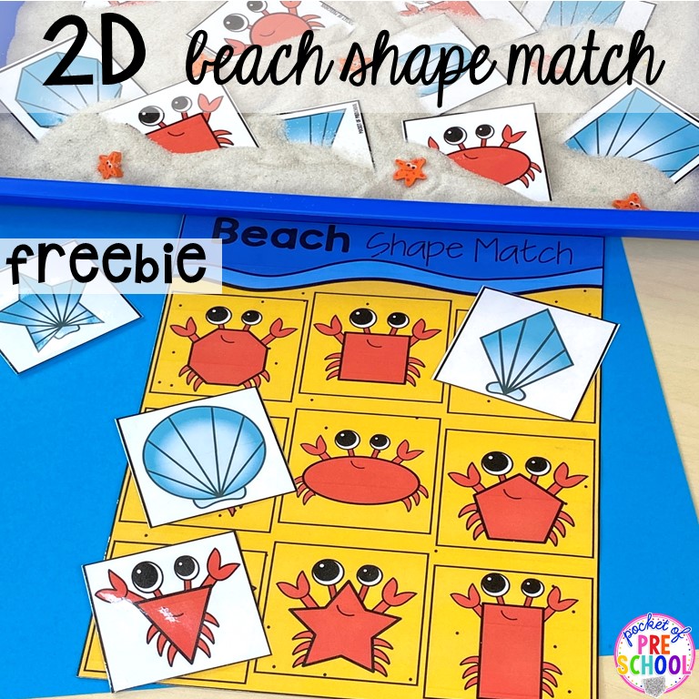 FREE 2D beach shape game! Ocean theme activities and centers for preschool, pre-k, and kindergarten (math, liteacy, sensory, fine motor, STEM). #oceantheme #preschool #prek #beachtheme